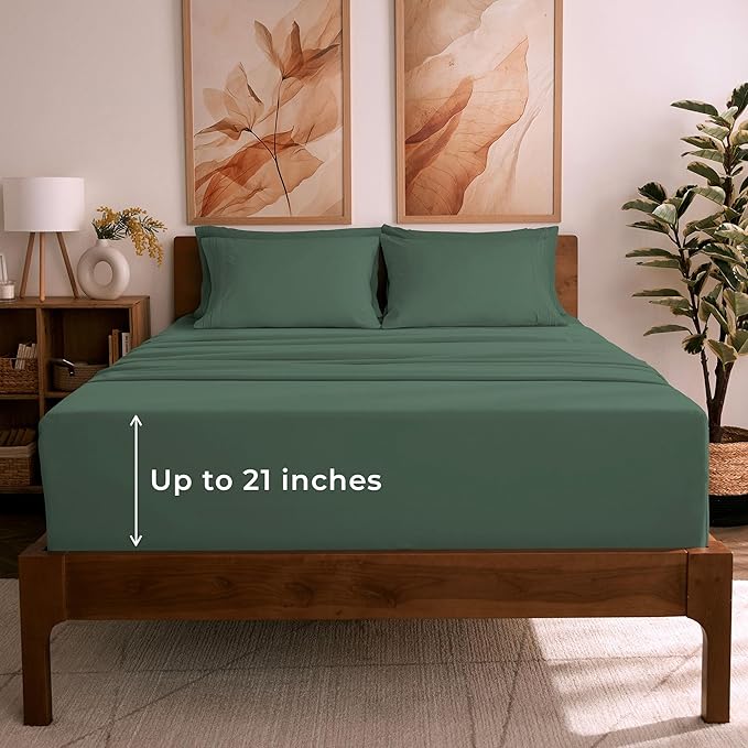 Mellanni Queen Sheet Set - 6-Piece Iconic Collection Bedding, (Including 4 Pillowcases), 21-Inch Extra Deep Pocket, Easy Care, Ultra Soft, Cooling Sheets, Brushed Microfiber - Emerald Green