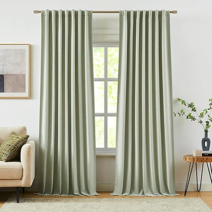 Vision Home Green Linen Full Blackout Curtains 95 inch Long for Bedroom Living Room Darkening Light Blocking Window Panels Thermal Insulated Rod Pocket Back Tab Neutral Drapes 56" Wx95 Lx2