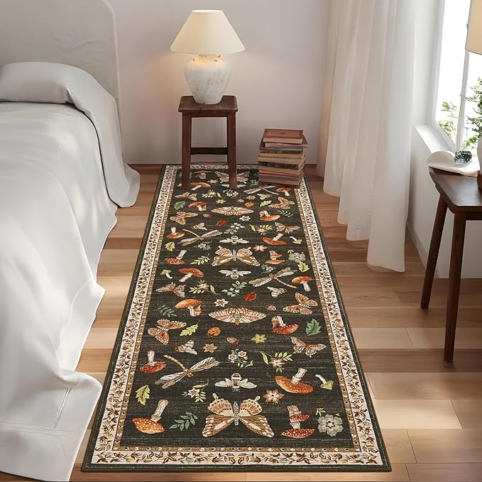 2.5x10 Runner Rug for Hallway Washable Kitchen Rugs Non Slip with Rubber Back Mushroom Soft Low-Pile Stain Resistant Foldable Indoor Carpet for Entryway Laundry Room Floor Mats Brown