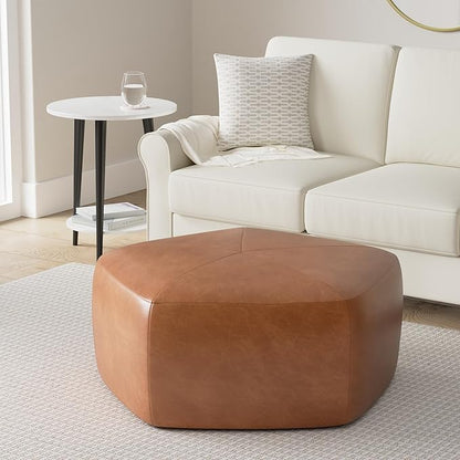 POLY & BARK Porto Ottoman – 37" Pentagon Pouf with Feather-Down Topper – Full-Grain Leather Upholstered Pouf Ottoman for Living Room – Vintage Italian Leather in Cognac Tan