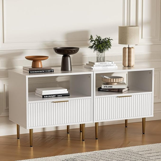 White Nightstand Set of 2, Modern Nightstand with Drawer, End Table with Storage, Bed Side Table with Open Space for Bedroom, Living Room, White