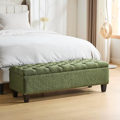GDFStudio Boucle Storage Ottoman Bench with Button Tufting, 50.75” Upholstered Entryway Bench with Hidden Storage, Soft Close Lid, Rubberwood Legs, Extra Seating for Bedroom, Living Room – Green