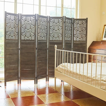 Svimi Folding Room Divider, 66.9 Inch 6 Panels Wood Carved Privacy Screens, Free Assembled Freestanding Portable Separation Wall for Home Office Restaurant Bedroom (Gray)