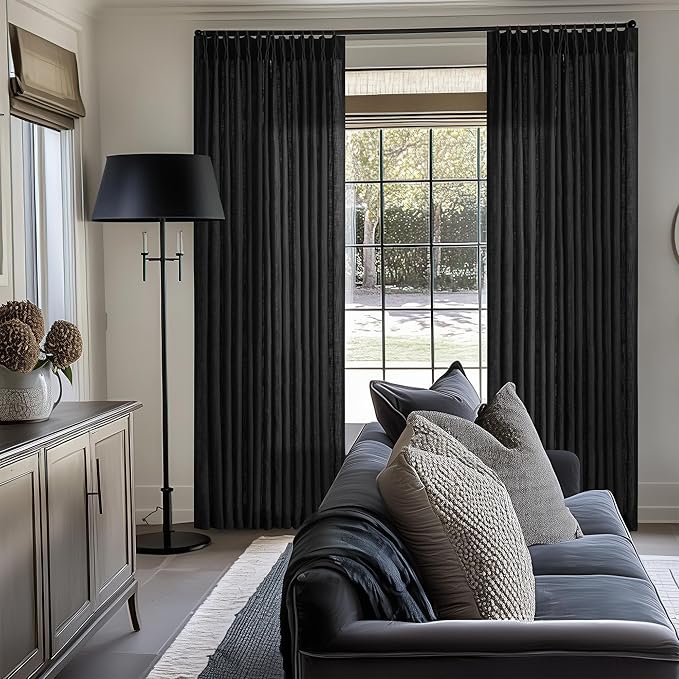 Black Linen Curtains 102 Inches Long 2 Panels for Living Room Modern Thick Linen Flax Pinch Pleated Memory Trained Light Filtering Ceiling Semi Sheer 102 Inch Curtain with Hook Rings Back Tab
