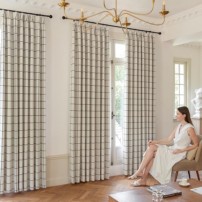 Plaid Pinch Pleated Curtains - Modern Luxury Linen Buffalo Blackout Drapes, Thermal Insulated Double Layer Window Panels for Living Room Bedroom, 102 Inches Long Black 2 Panels Set