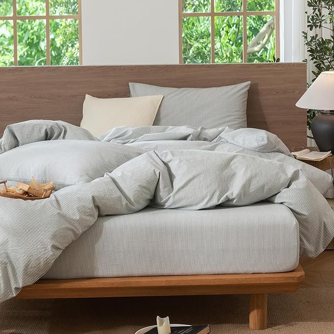 MooMee Striped Duvet Cover Set 100% Washed Cotton Linen Like Textured Breathable Durable Soft Comfy (Heathered Green Pinstripes, Oversized King Plus 128"x120")
