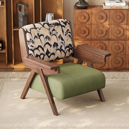 Accent Chair Mid Century Modern Chair, Velvet Upholstered Lounge Arm Chair with Solid Wood, Cozy Reading Chair for Living Room, Bedroom, Balcony (Feather Print, Single Chair)