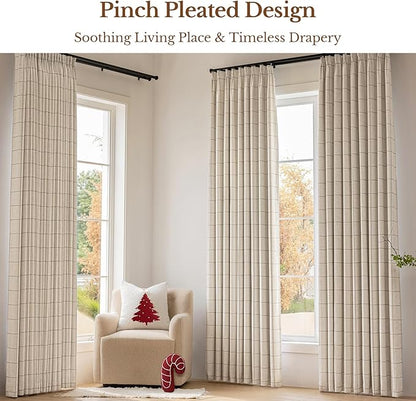 Linen Plaid Blackout Curtains Gingham Double Layer for Living Room,Bedroom,Dining Room 108 Inches Long 2 Panels Set Luxury and Modern Printed Design Darkening Pinch Pleated