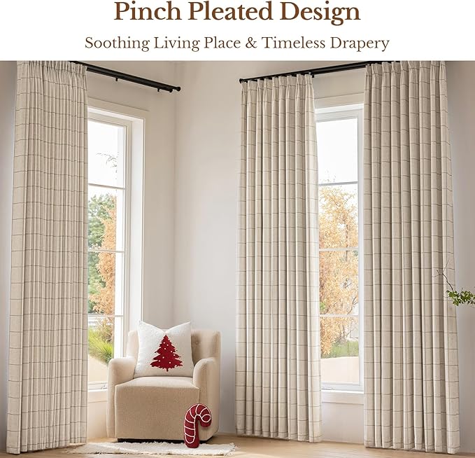 Plaid Pinch Pleated Curtains - Modern Luxury Linen Buffalo Blackout Drapes, Thermal Insulated Double Layer Window Panels for Living Room Bedroom, 102 Inches Long Brown 2 Panels Set