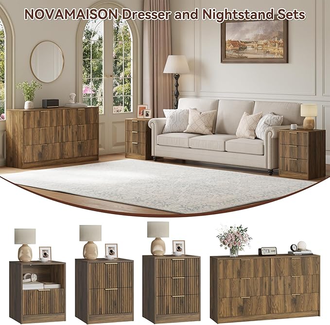 Walnut Dresser & Nightstand Set 3-Piece, 6 Drawer Dresser and Night Stand Set of 2 with Metal Handle, Modern Wood Chest of Drawers Storage Dressers Set for Bedroom, Walnut