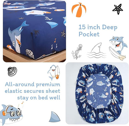 JSD Blue Shark Surfing Kids Sheet Set Twin Size, 3 Piece Nautical Printed Microfiber Sheets Deep Pocket