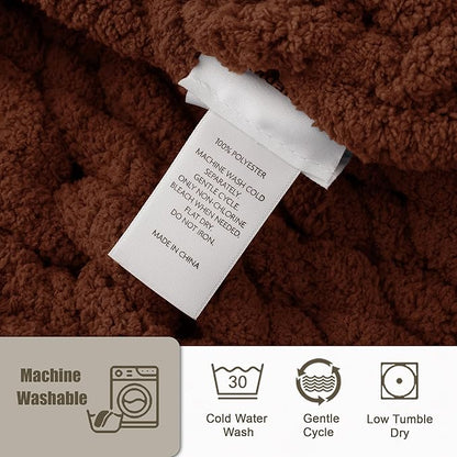 Chunky Knit Throw Blanket 50"X 60", 100% Handmade with Soft Chenille Yarn, 4.4lbs Thick Cable Knitted Blankets, Large Rope Knot Crochet Throws for Couch Sofa Bed Home Decor, Dark Brown