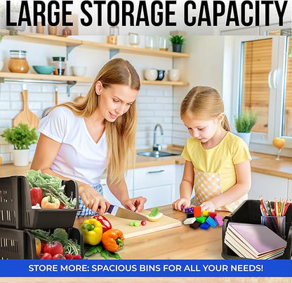 Skywin TidyFriend Stackable Storage Bins for Pantry - 4 Pack Large Stackable Bins for Organizing Food, Kitchen, and Bathroom Essentials (Black)