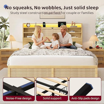 Queen Size Rattan Bed Frame with 4 Storage Drawers and Hidden Storage Headboard Wooden Platform Bed Frame with LED Lights and Charging Station, No Box Spring Needed, Easy Assembly, Natural