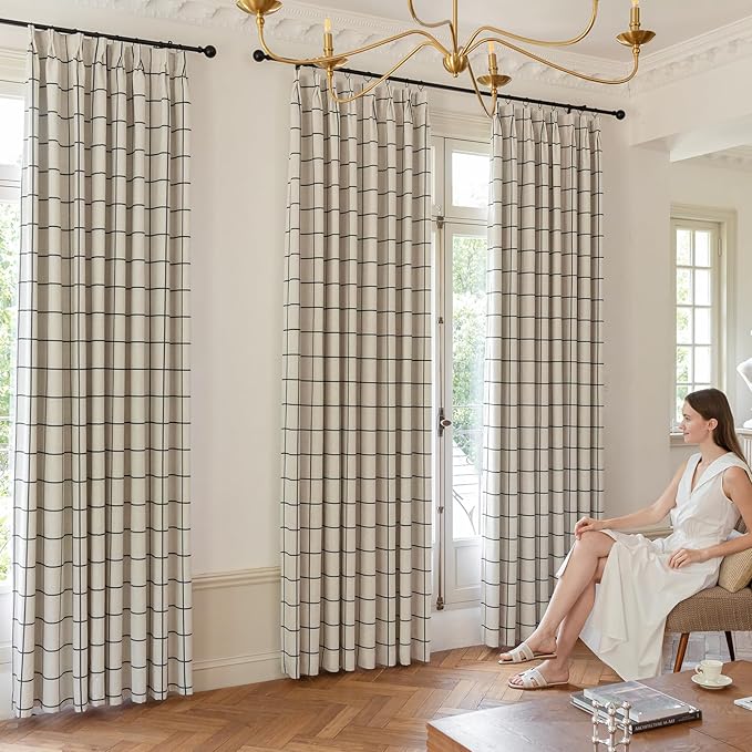 Plaid Pinch Pleated Curtains - Modern Luxury Linen Buffalo Blackout Drapes, Thermal Insulated Double Layer Window Panels for Living Room Bedroom, 84 Inches Long Black 2 Panels Set