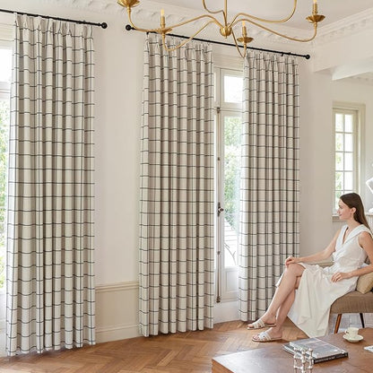 Plaid Pinch Pleated Curtains - Modern Luxury Linen Buffalo Blackout Drapes, Thermal Insulated Double Layer Window Panels for Living Room Bedroom, 84 Inches Long Black 2 Panels Set