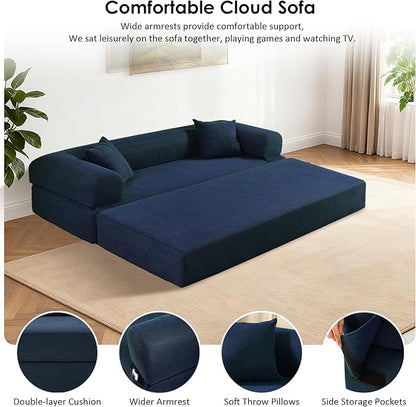 80" Convertible Sofa Bed, 3-in-1 Corduroy Folding Pull Out Couch with Pillows, No Assembly Modern Boneless Couch Compression Sofa in Box, Floor Sofa with Side Storage Pocket for Living Room,Navy Blue