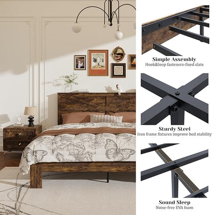 King Size Bed Frame with Farmhouse Headboard, Rustic Boho Wooden Bedframe with LED Lights and Charging Station, Easy Assembly, No Box Spring Needed (Brown, King)