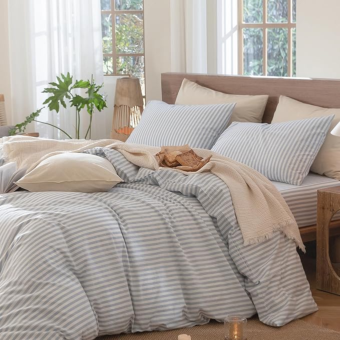MooMee Striped Duvet Cover Set 100% Washed Cotton Linen Like Textured Breathable Durable Soft Comfy (Cornflower Blue White Classic Stripes, Twin 68"x90")