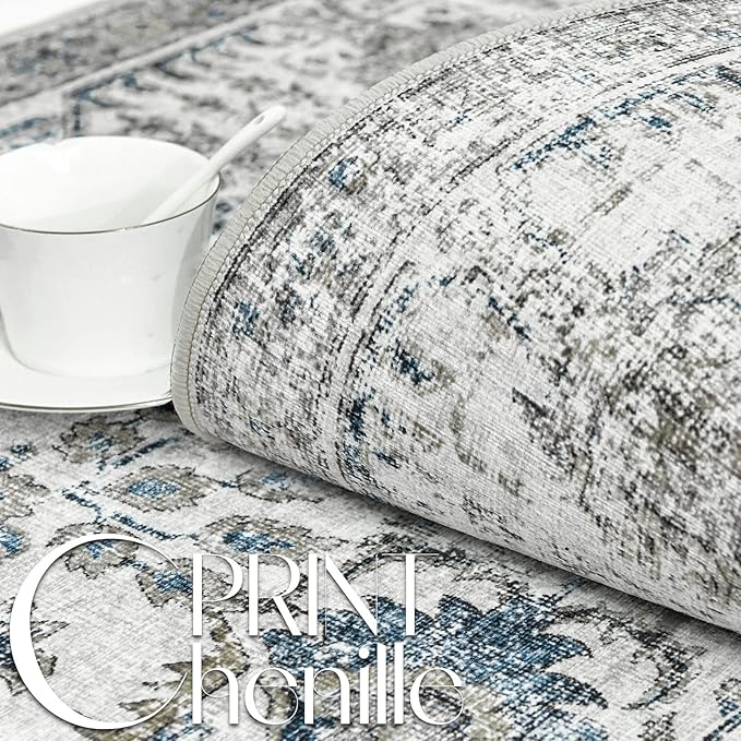 jinchan Kalen Area Rug 9x12 Washable Living Room Rug Vintage Indoor Large Floor Cover Retro Accent Mat Distressed Floral Country Boho Non Slip Thin Carpet for Bedroom Dining Room Office Blue Multi
