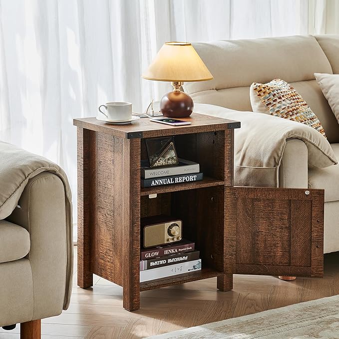Joaxswe Night Stand Set of 2, 18 Inch Farmhouse Nightstand with with Charging Station and USB Port, Rustic Wood Bedside Table with Magnetic Door, Bed Side Tables for Bedroom, Reclaimed Barnwood