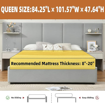 Queen Bed Frame with Storage & Built-in Nightstands, Velvet Upholstered Platform Bed Frame with Drawers & 2 Floating Storage Shelves, Noise-Free, No Box Spring Needed, Easy Assembly, Gray