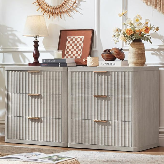 LEYAOYAO 23" Wide Fluted Farmhouse Night Stand Set of 2 with Charging Station, 3 Drawers Large End Table w/Metal Handle, LightGrey Nightstand Bedside Table,Wood Dresser for Bedroom, Closet