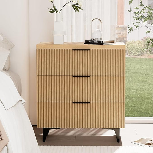 Royal Windsor Fluted Nightstand with 3 Drawers, Side Table End Table, Accent Storage Cabinet,Modern Night Stand Bedside Table for Bedroom,Natural Oak