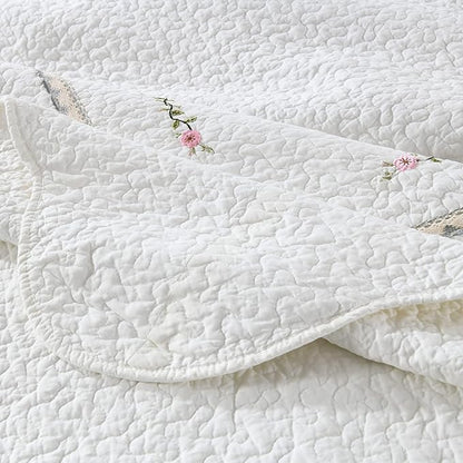 MarCielo 3-Piece 100% Cotton Oversized Bedspread Lightweight Quilt Coverlet Embroidery Farmhouse Bedding Set (Sakura White, Oversized Queen (100"x106"))