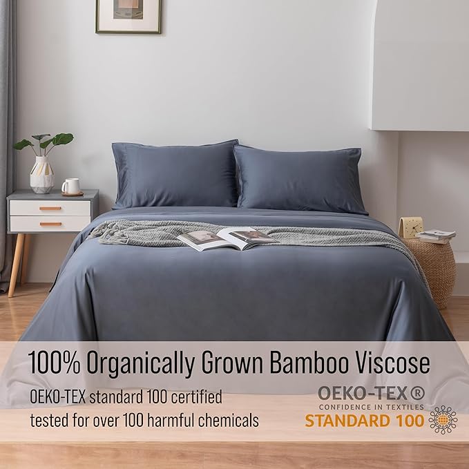 Bella Coterie Luxury Bamboo Viscose 34” Split Top King Size Sheet Set | 1 Fitted Sheet for Sleep Number & Adjustable Beds | 100% Organically Grown | Cooling & Soft | 18” Deep Pocket [Slate Blue]