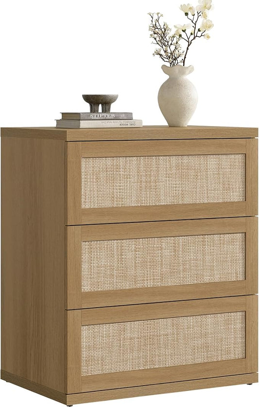 SICOTAS Dresser for Bedroom - 31" Tall Rattan Dresser with 3 Drawers Boho Dressers & Chests of Drawers Dressers for Bedroom Deep Bedside Table Clothes Closet Storage for Closet Hallway Entryway