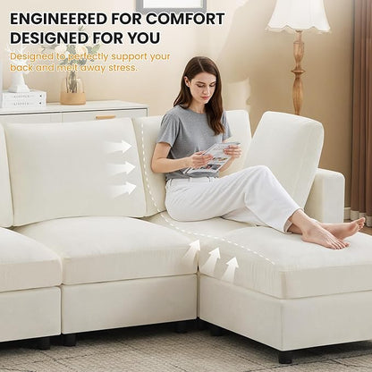 89'' 3-Seater Modular Sectional Cloud Sofa with Ottoman, L-Shaped Couch for Living Room, Modern Convertible Deep Seats Sofa, Chenille Beige