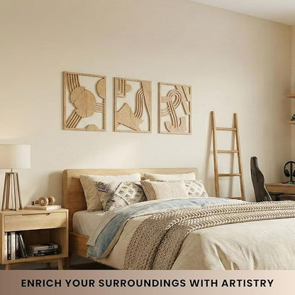 qmmp Modern Wooden Wall Sculptures - Set of 3 - Home Decor Accent - Large Wall Art for Living Room, Bedroom, Office - Easy Installation (Oak, Large - Abstract Shapes)