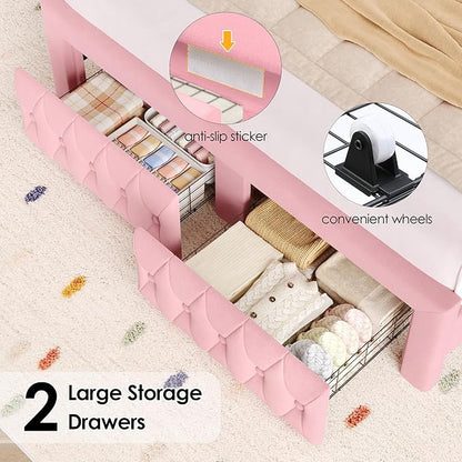 Keyluv Queen Bed Frame with LED Lights and 2 Storage Drawers, Velvet Upholstered Platform with 47" Tall Arc-Shaped Wingback Headboard and Button Tufted Design, No Box Spring Needed, Noise-Free, Pink