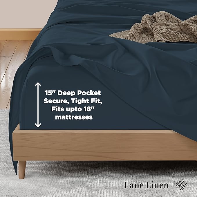 LANE LINEN 100% Cotton Sheets King Size – 600 Thread Count King Size Bed Sheets, Hotel Luxury Soft Silky Sateen Weave, Durable for Year Round Use, Fully Elasticized 15" Deep Pocket – Estate Blue