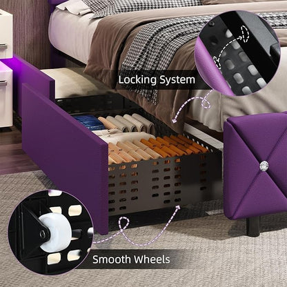 BarnFurin Queen Size Bed Frame with Headboard, Faux Leather Upholstered Bed with Diamond Tufted Design, Mordern Bed Frame with Wooden Slats Suppor, No Box Spring Required, Easy Assembly, Purple