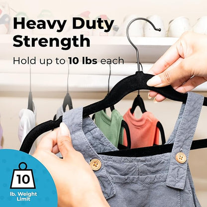 Fontaines Luxury Kid's Black Velvet Felt Non Slip Clothes Hangers 50 Pack - Ultra Slim & Space Saving - Heavy Duty Swivel Black Hook for Children's Clothing, Shirt, Dress, Skirt & Pants Organization