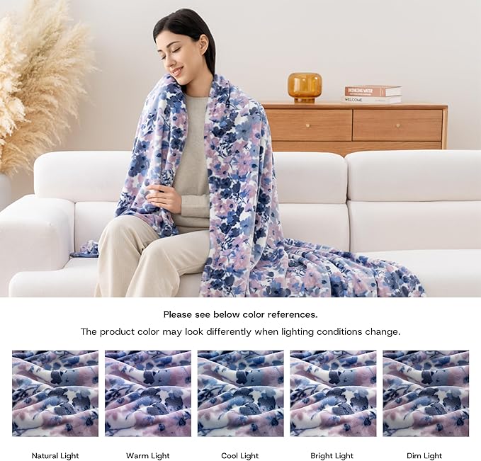 Luxury Printed Fleece Warm Blanket, Soft Lightweight Velvety Plush Throw for Couch and Bed, Cozy Comfy for All Seasons(White Purple Flowers, 70×90 Inches)