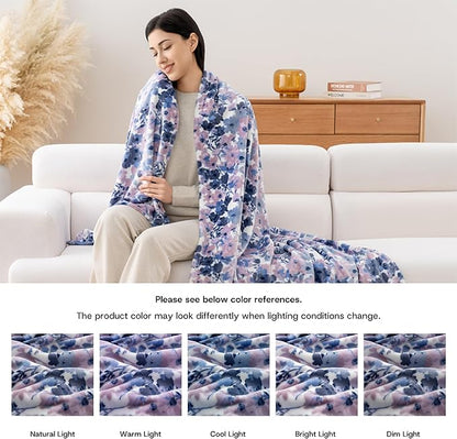 Luxury Printed Fleece Warm Blanket, Soft Lightweight Velvety Plush Throw for Couch and Bed, Cozy Comfy for All Seasons(White Purple Flowers, 70×90 Inches)