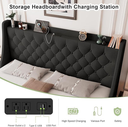 Feonase Upholstered King Size Bed Frame with 4 Storage Drawers, Large Wingback Headboard, No Box Spring Needed, Black