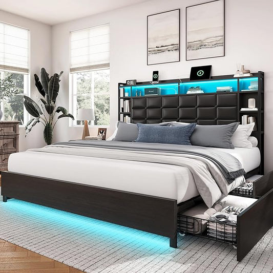 LARMACE Queen Size Bed Frame with 4 Storage Drawers and Bookcase Headboard, Faux Leather Upholstered, Wooden Platform Bed Frame with Charging Station and LED Lights, No Box Spring Needed, Black