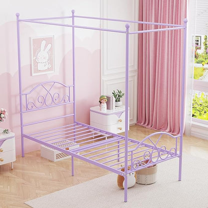 Weehom Princess Canopy Bed Frame with 4 Posters, Sturdy Metal Platform with Headboard&Footboard No Box Spring Needed Twin Size Bed for Kids Girls Adults,Purple