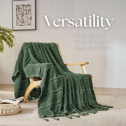 Boho Knitted Chenille Blanket with Tassels - Lightweight & Soft All-Season Throw - 3D Classic Pattern for Living Room Bedroom Couch, Imperial Green, Throw 50"x60"
