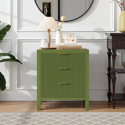 End Table with Storage, Wooden Farmhouse Nightstands with 3 Drawers, Bedside Table - Boho Tall Side Table Accent for Bedroom, Living Room, Green