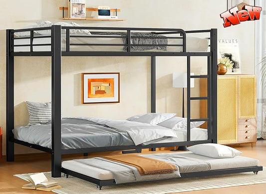 Upgraded Version Thicken Stronger Metal Heavy-Duty Full Over Full Bunk Bed with Twin Size Trundle, Bunk Bed for Adults with Ladders, Easy Assemble (Full/Full)