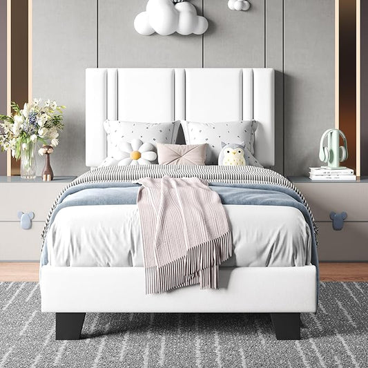 Upholstered Twin Size Bed Frame with Velvet Fabric Headboard, Strong Wooden Slats Support, Noise Free, No Box Spring Needed, White