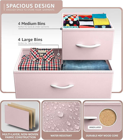 Sorbus Dresser with 8 Drawers - Furniture Storage Chest for Kid’s, Teens, Bedroom, Nursery, Playroom, Clothes, Toys - Steel Frame, Wood Top, Fabric Bins (Pink)