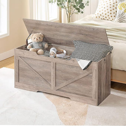 HOOBRO Storage Bench, 43.3” Retro Wooden Storage Chest with U-Shaped Cut-Out Pull, Safety Hinge, Supports 220 lb and Easy Assembly for Toy Box Organizer (Greige) BG772CW01
