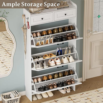 Shoe Storage Cabinet for Entryway, Farmhouse Narrow Shoe Cabinet with 3 Flip Drawers & 2 Top Drawers, Adjustable Shelves & Hooks, Freestanding Hidden Rack Organizer for Hallway, Foyer