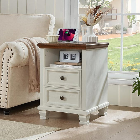 SAVOR LIFE Farmhouse Side Table with Charging Station, Antique Nightstands with Drawers, Bedside Table with Open Shelf for Bedroom, White